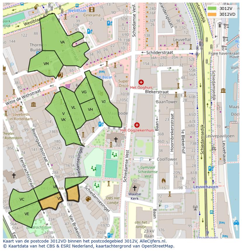 Afbeelding van het postcodegebied 3012 VD op de kaart.