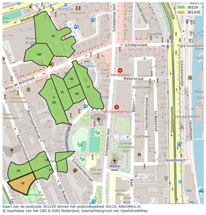 Afbeelding van het postcodegebied 3012 VE op de kaart.