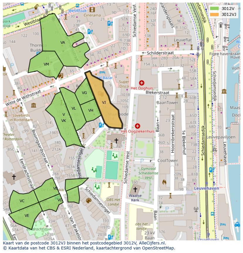 Afbeelding van het postcodegebied 3012 VJ op de kaart.