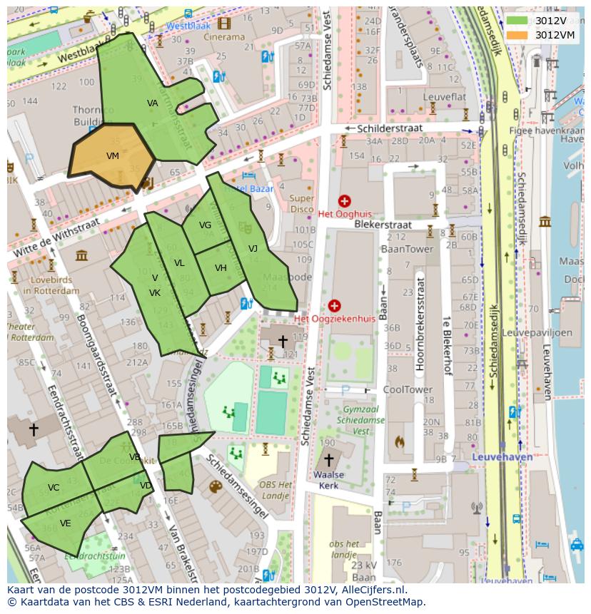 Afbeelding van het postcodegebied 3012 VM op de kaart.