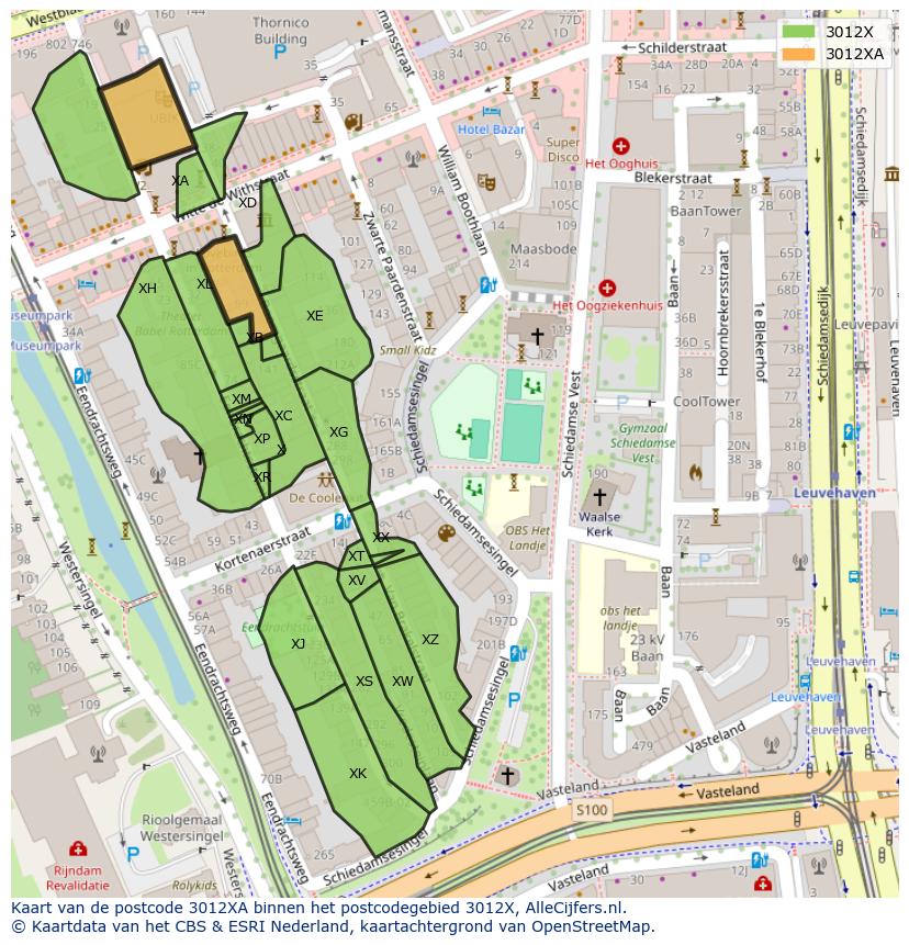 Afbeelding van het postcodegebied 3012 XA op de kaart.