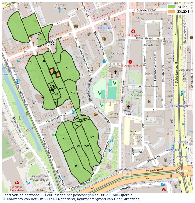 Afbeelding van het postcodegebied 3012 XB op de kaart.