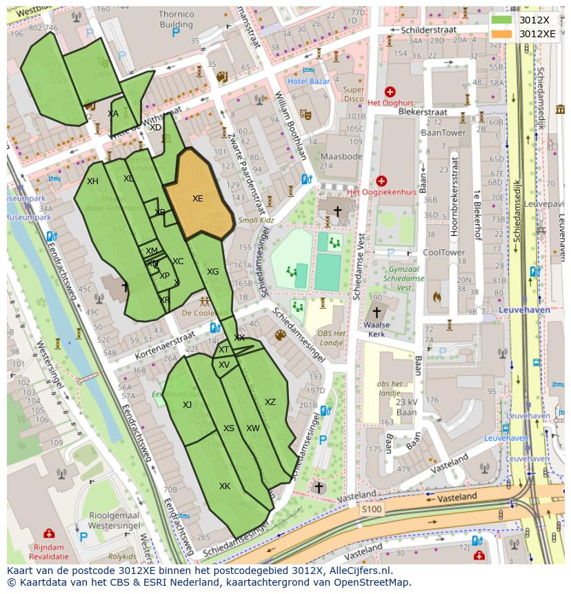 Afbeelding van het postcodegebied 3012 XE op de kaart.
