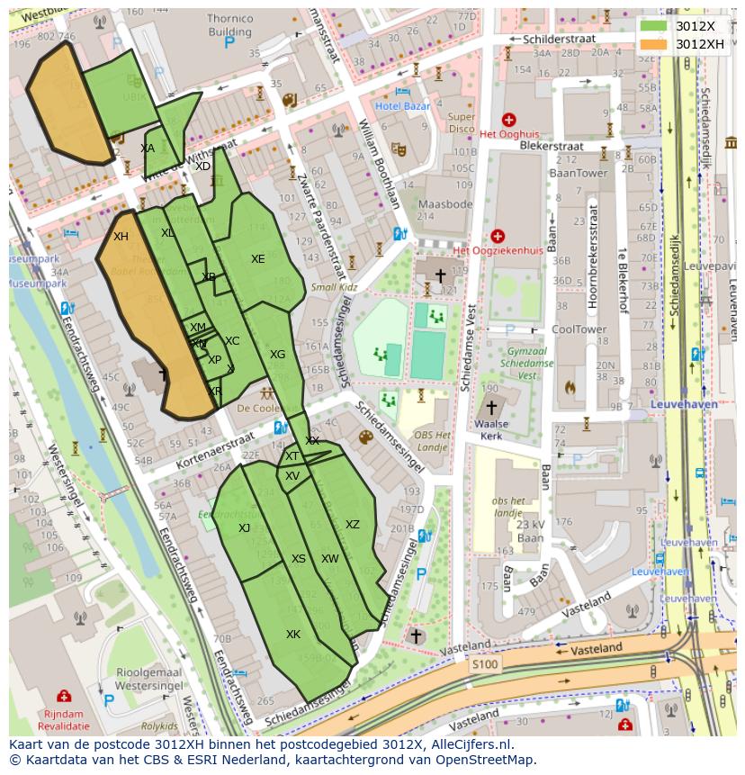 Afbeelding van het postcodegebied 3012 XH op de kaart.