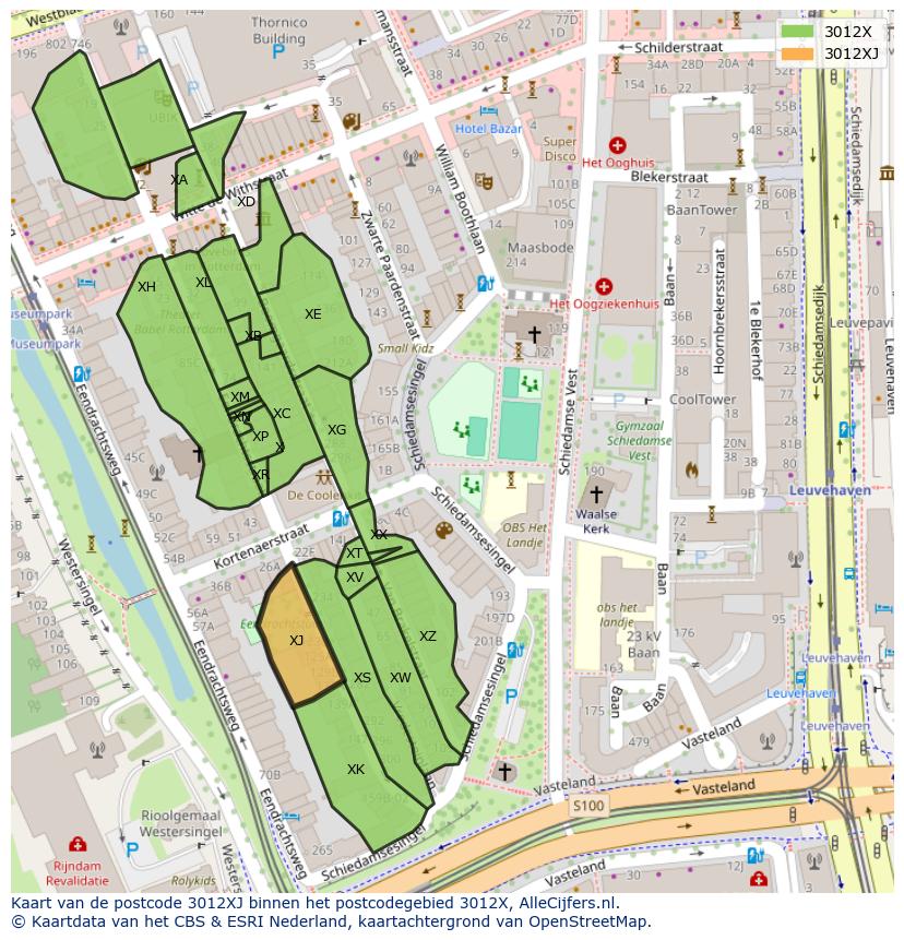 Afbeelding van het postcodegebied 3012 XJ op de kaart.