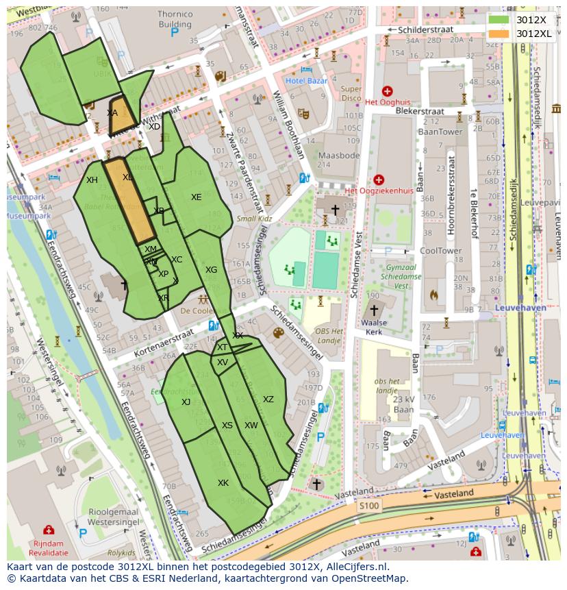 Afbeelding van het postcodegebied 3012 XL op de kaart.