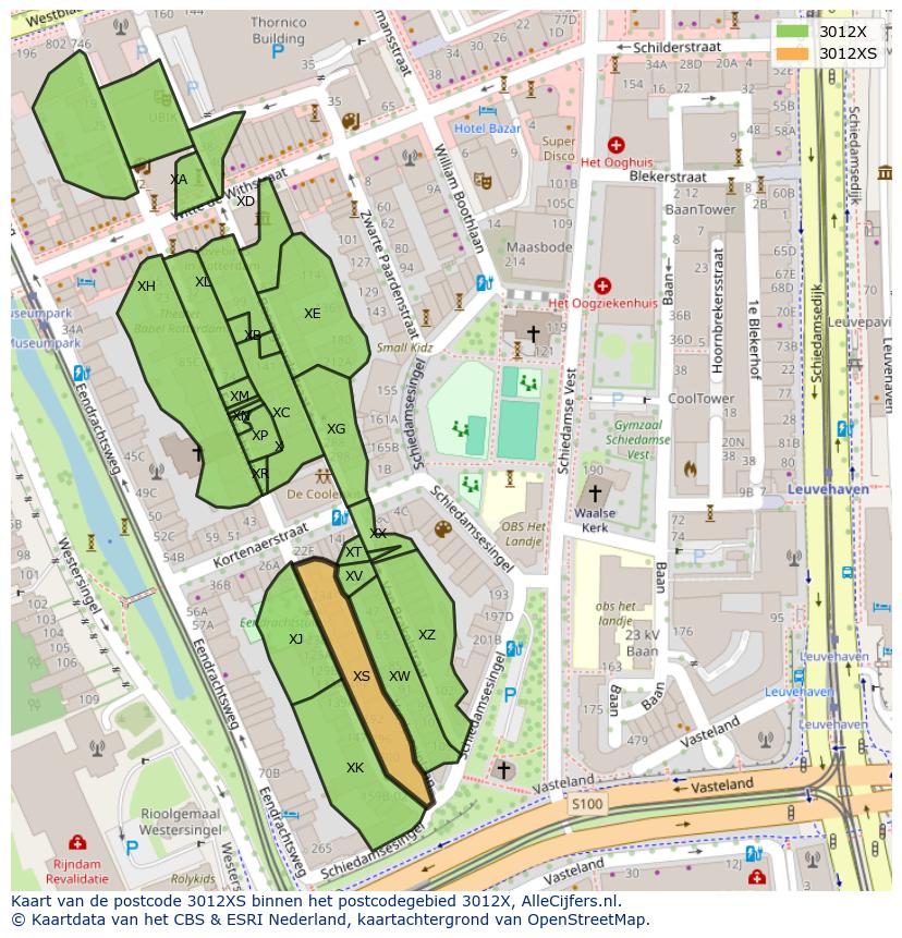 Afbeelding van het postcodegebied 3012 XS op de kaart.