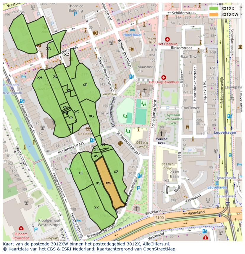 Afbeelding van het postcodegebied 3012 XW op de kaart.