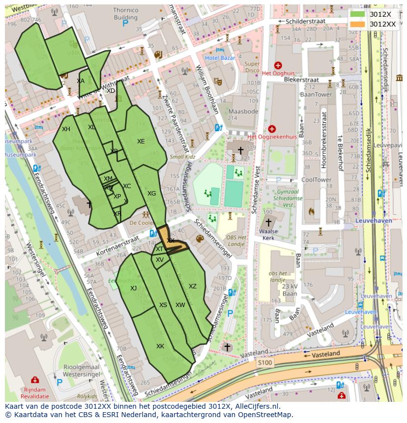 Afbeelding van het postcodegebied 3012 XX op de kaart.