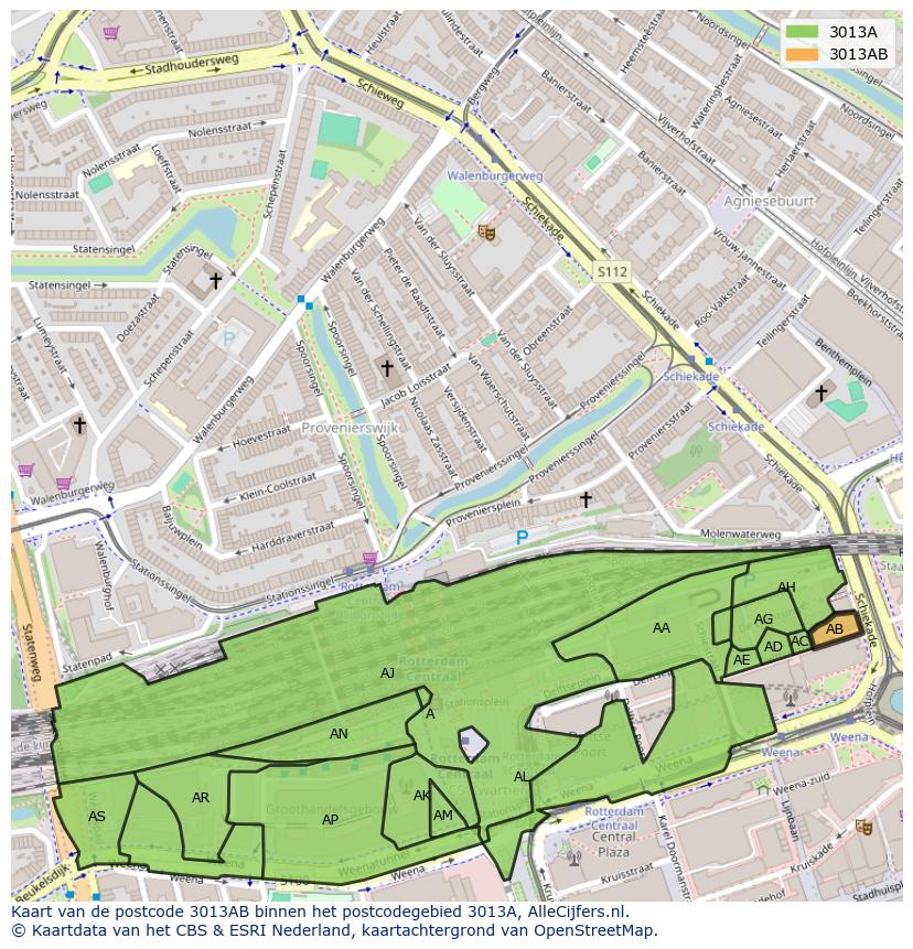 Afbeelding van het postcodegebied 3013 AB op de kaart.