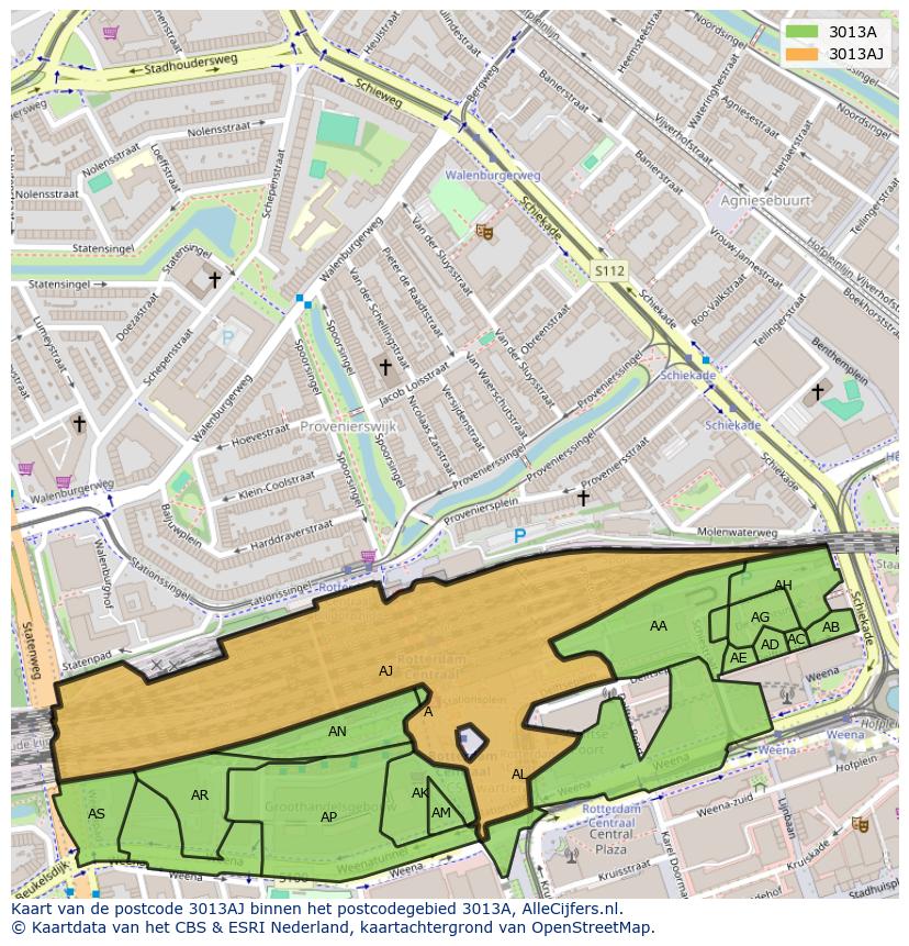 Afbeelding van het postcodegebied 3013 AJ op de kaart.