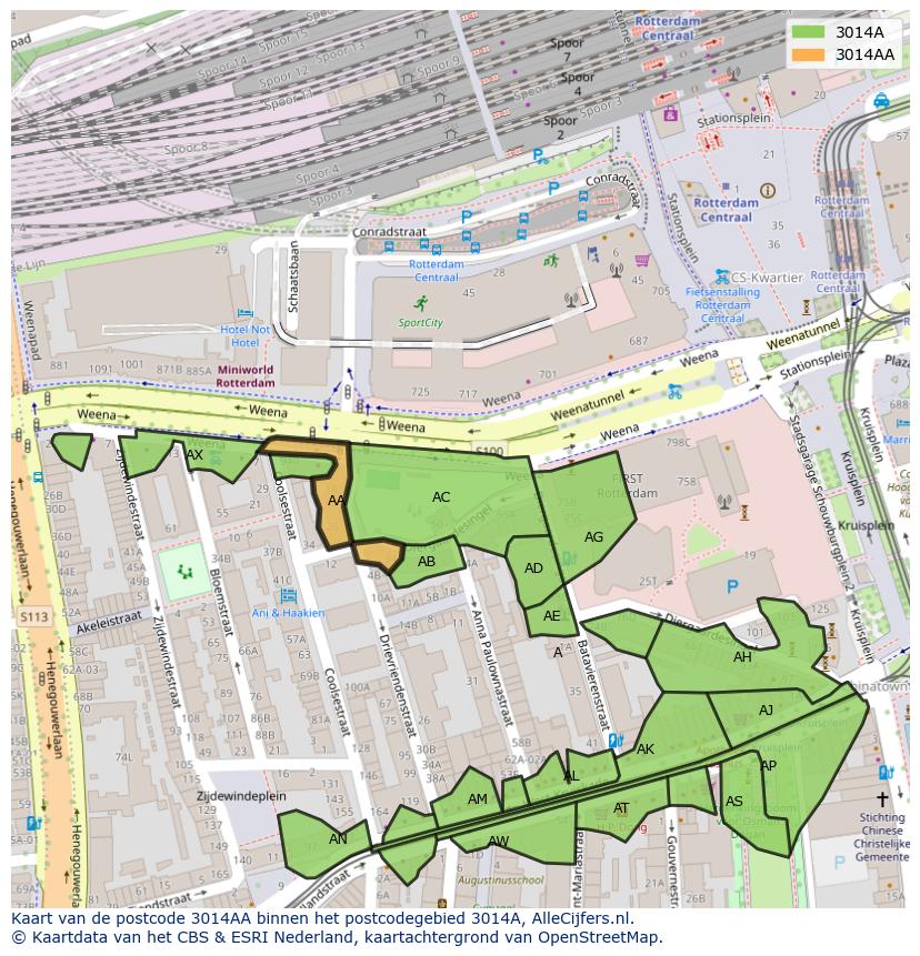 Afbeelding van het postcodegebied 3014 AA op de kaart.