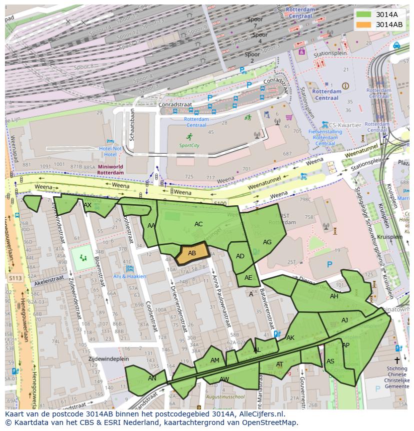 Afbeelding van het postcodegebied 3014 AB op de kaart.