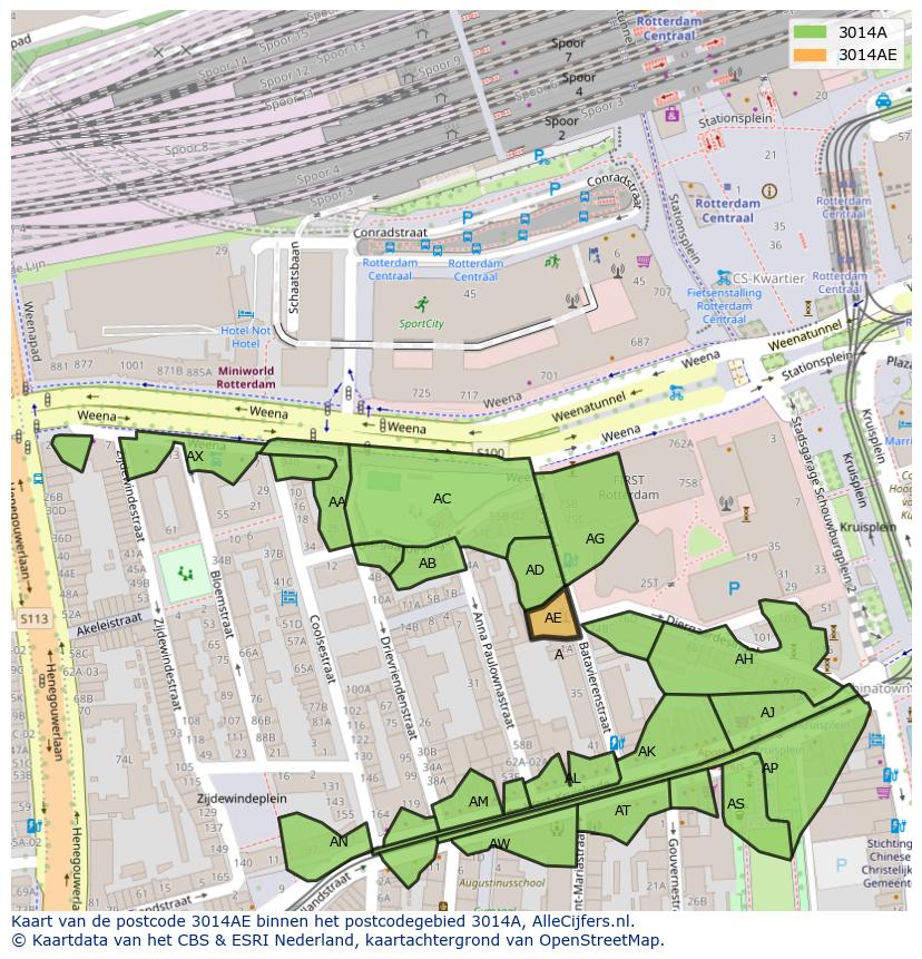 Afbeelding van het postcodegebied 3014 AE op de kaart.
