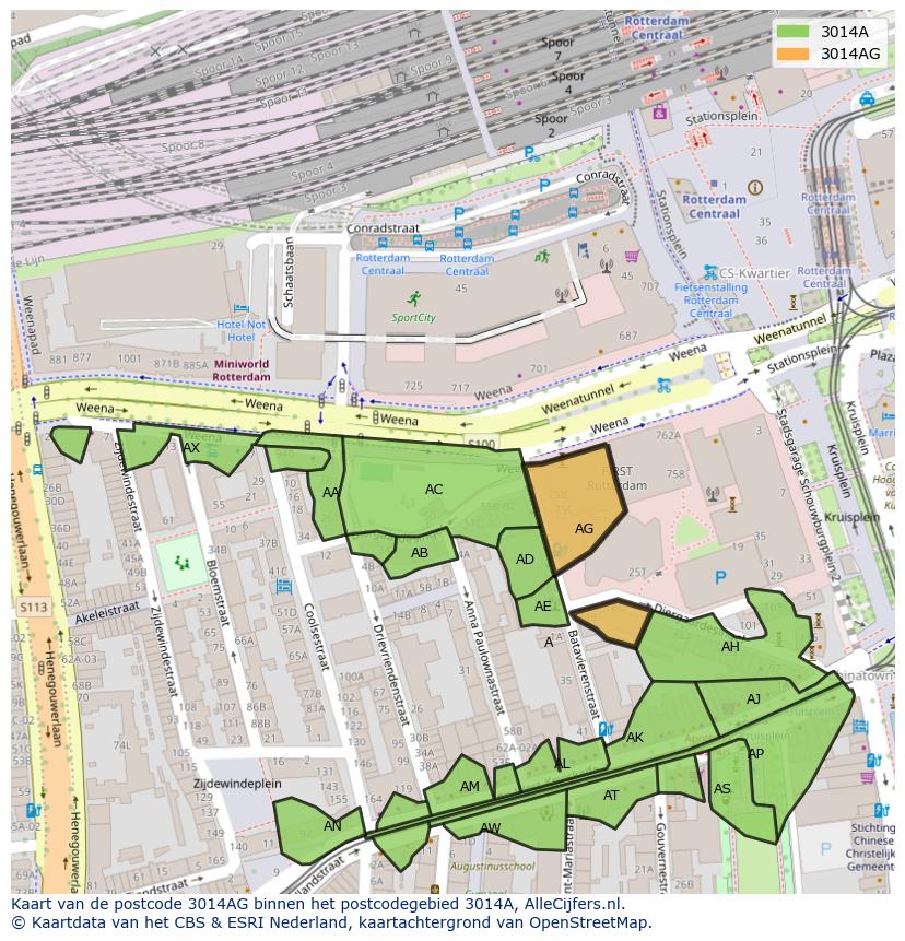 Afbeelding van het postcodegebied 3014 AG op de kaart.