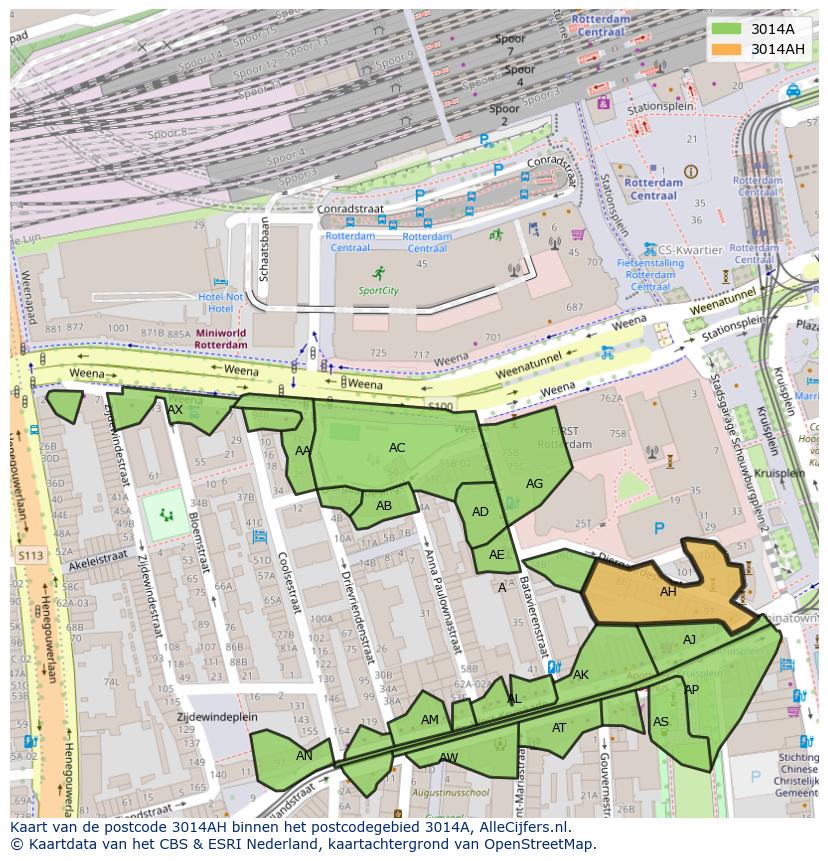 Afbeelding van het postcodegebied 3014 AH op de kaart.