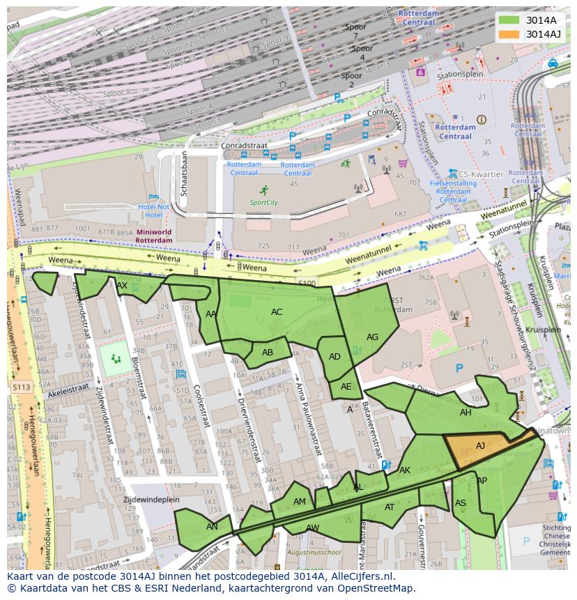 Afbeelding van het postcodegebied 3014 AJ op de kaart.