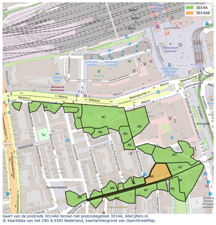 Afbeelding van het postcodegebied 3014 AK op de kaart.