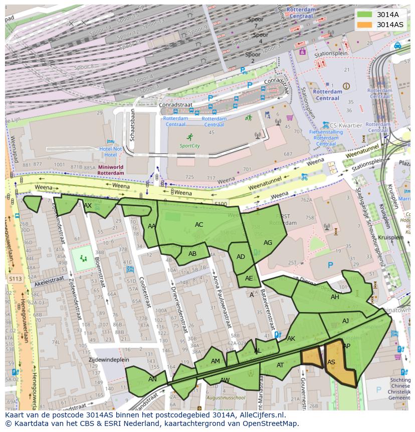 Afbeelding van het postcodegebied 3014 AS op de kaart.