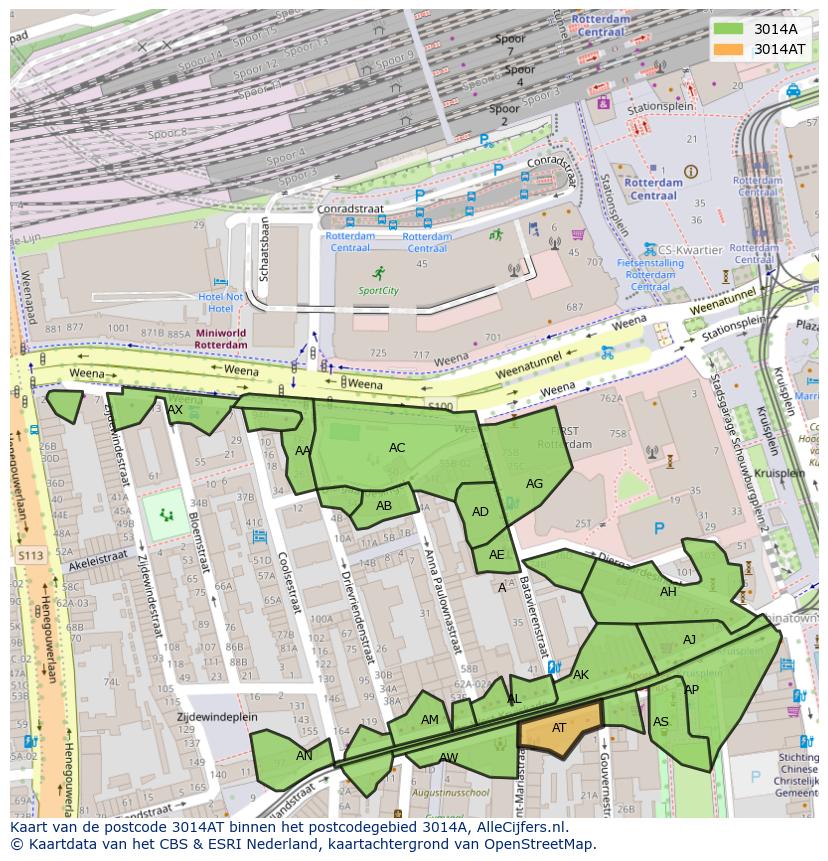 Afbeelding van het postcodegebied 3014 AT op de kaart.