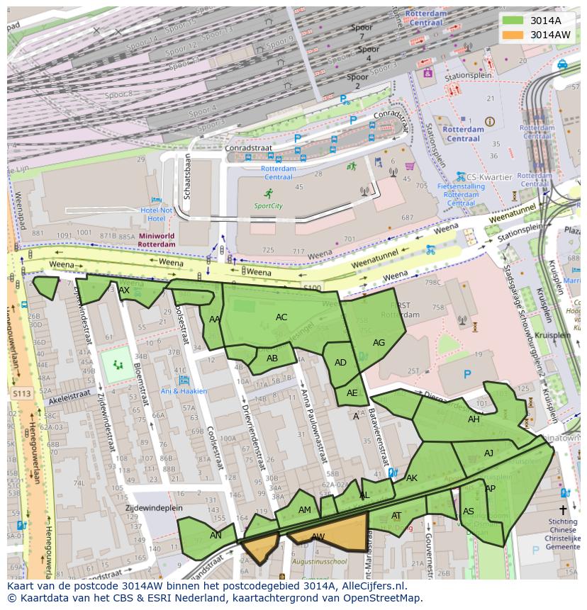 Afbeelding van het postcodegebied 3014 AW op de kaart.