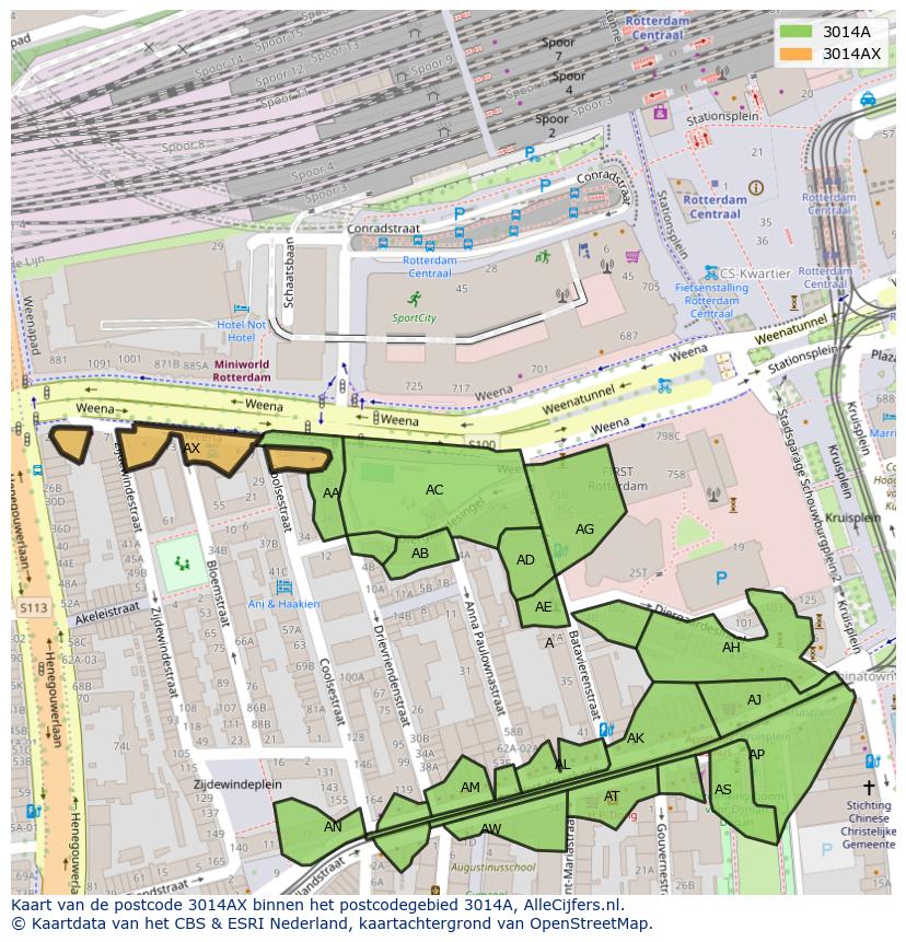 Afbeelding van het postcodegebied 3014 AX op de kaart.