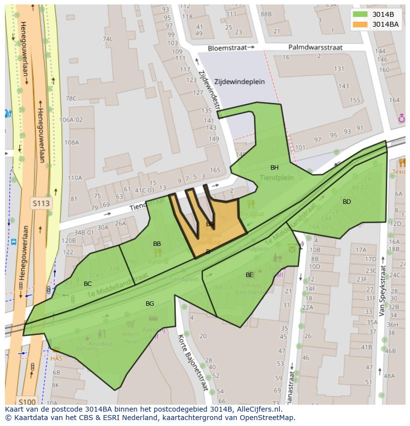 Afbeelding van het postcodegebied 3014 BA op de kaart.