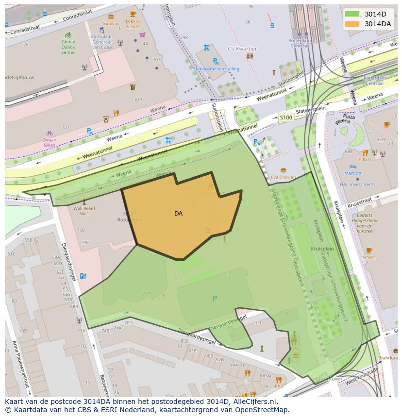Afbeelding van het postcodegebied 3014 DA op de kaart.
