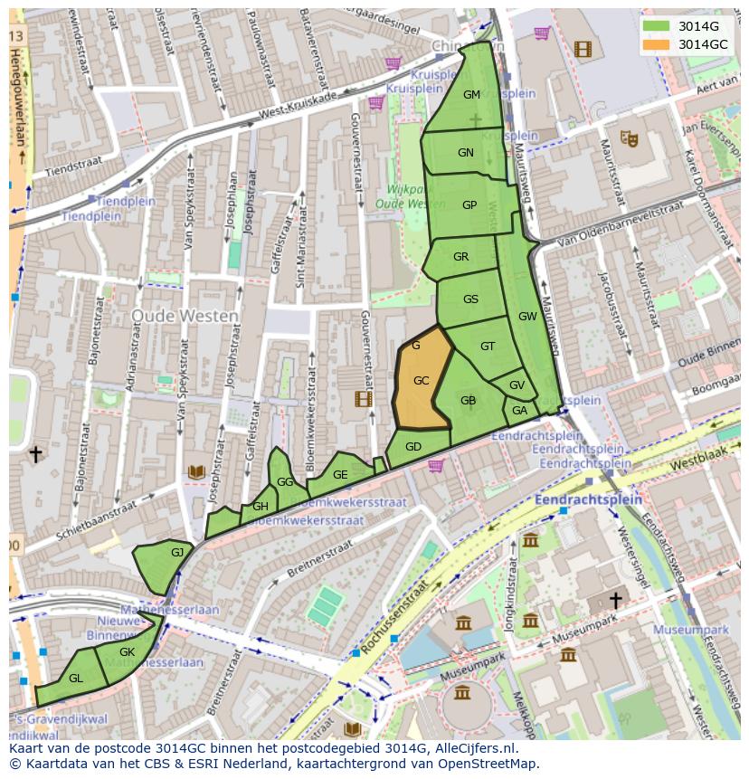 Afbeelding van het postcodegebied 3014 GC op de kaart.