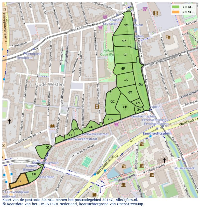 Afbeelding van het postcodegebied 3014 GL op de kaart.