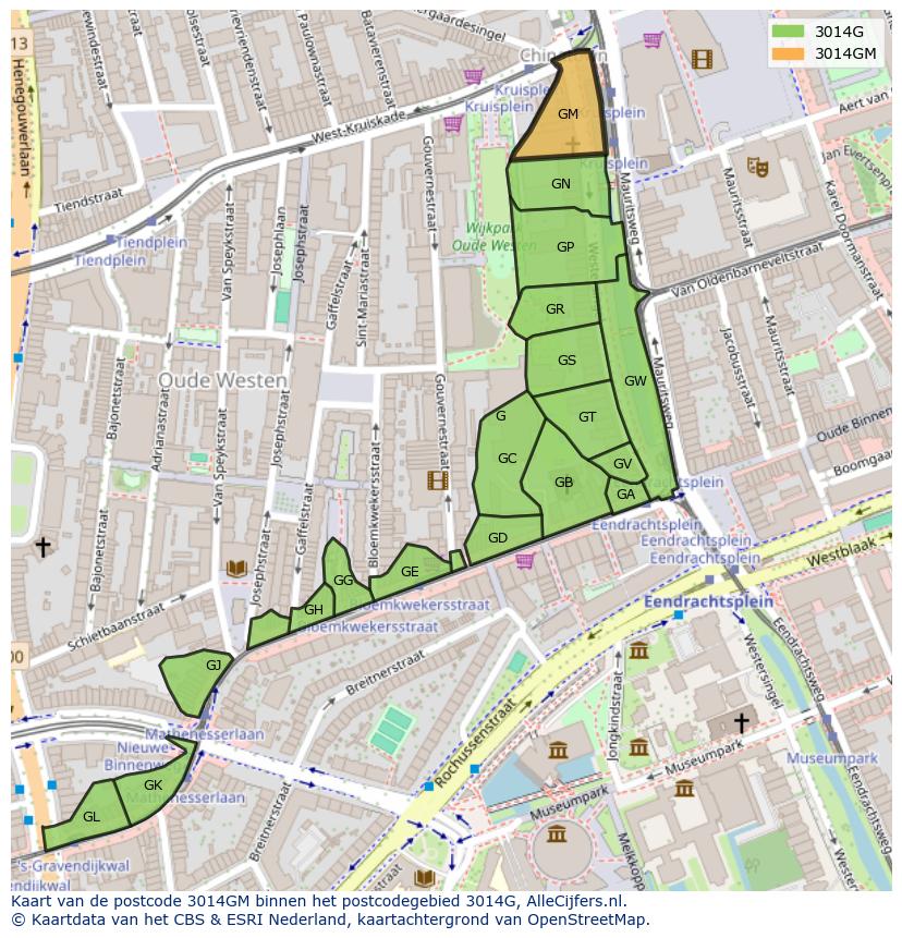 Afbeelding van het postcodegebied 3014 GM op de kaart.