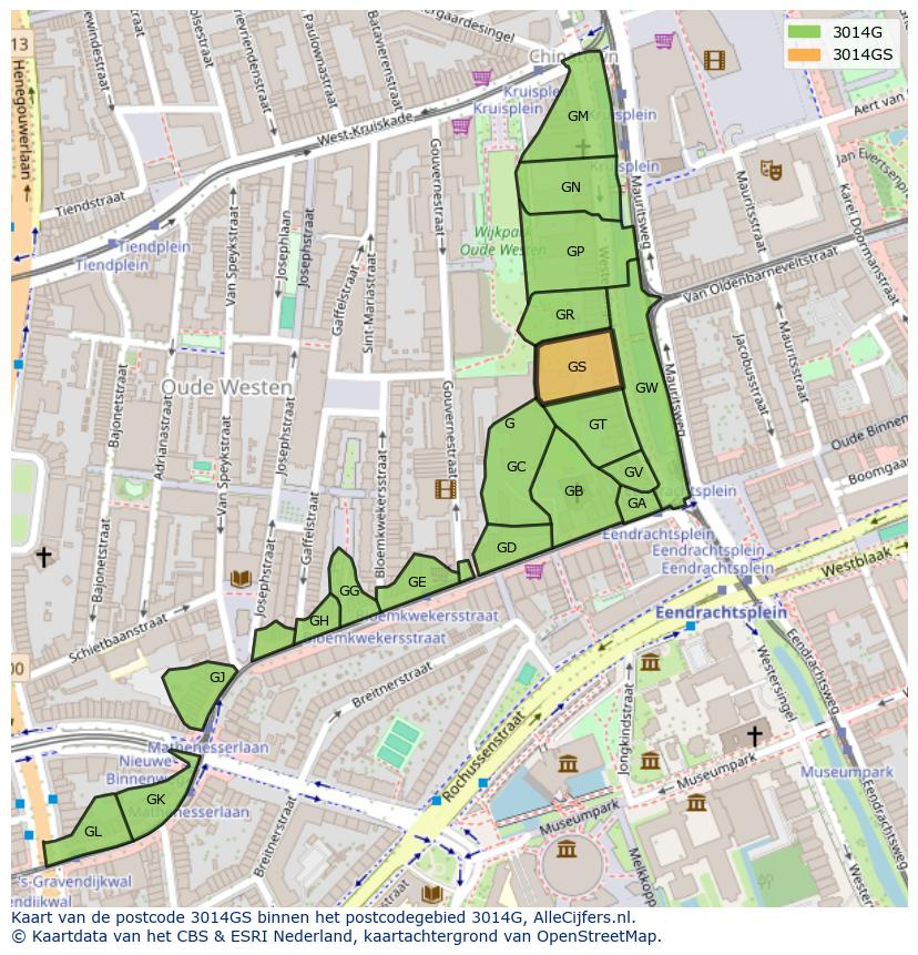Afbeelding van het postcodegebied 3014 GS op de kaart.