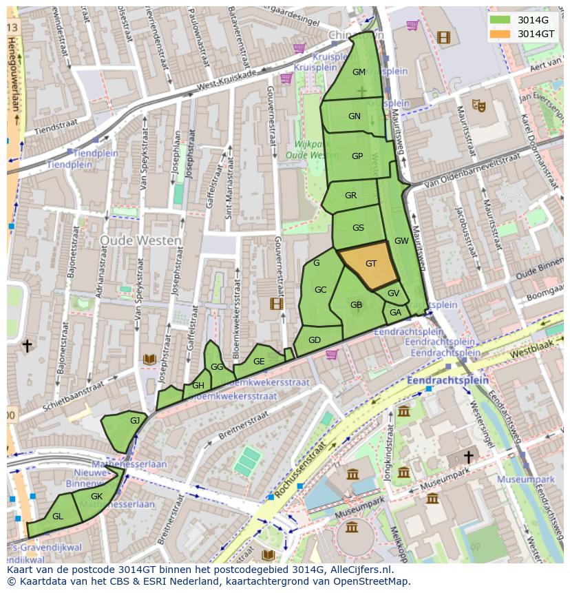 Afbeelding van het postcodegebied 3014 GT op de kaart.