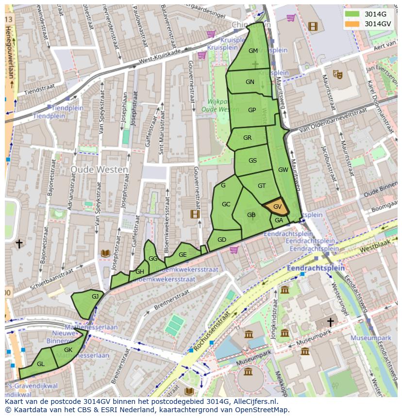 Afbeelding van het postcodegebied 3014 GV op de kaart.