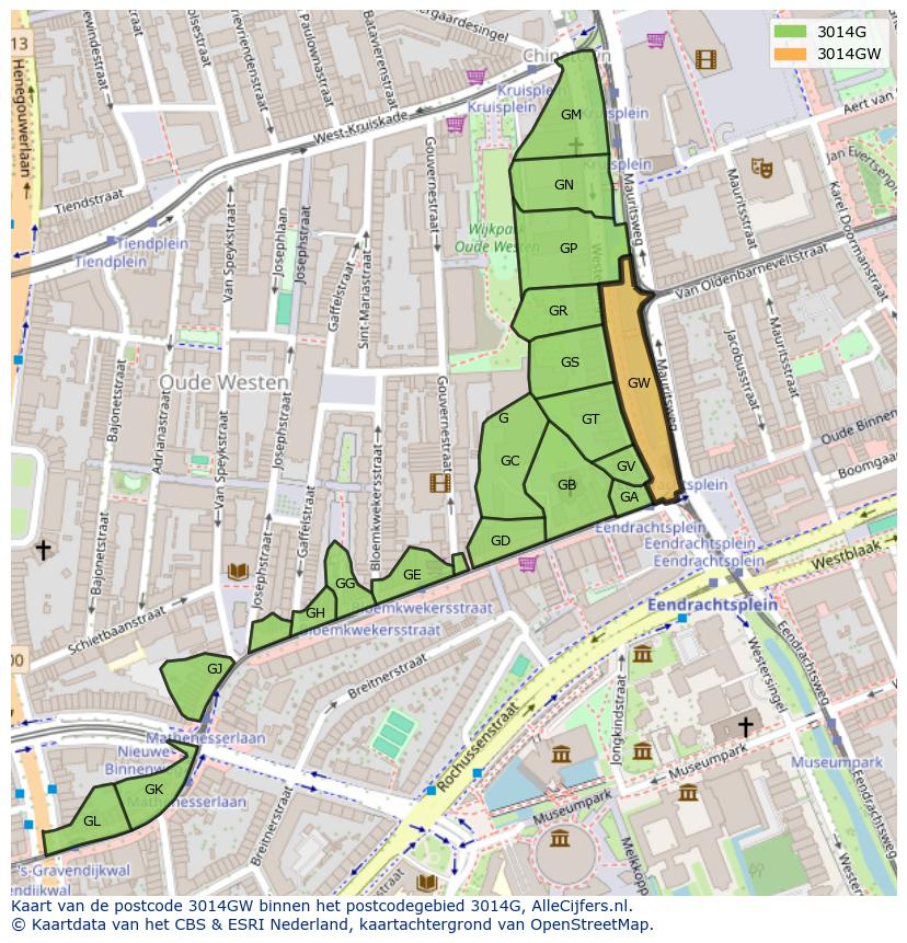 Afbeelding van het postcodegebied 3014 GW op de kaart.