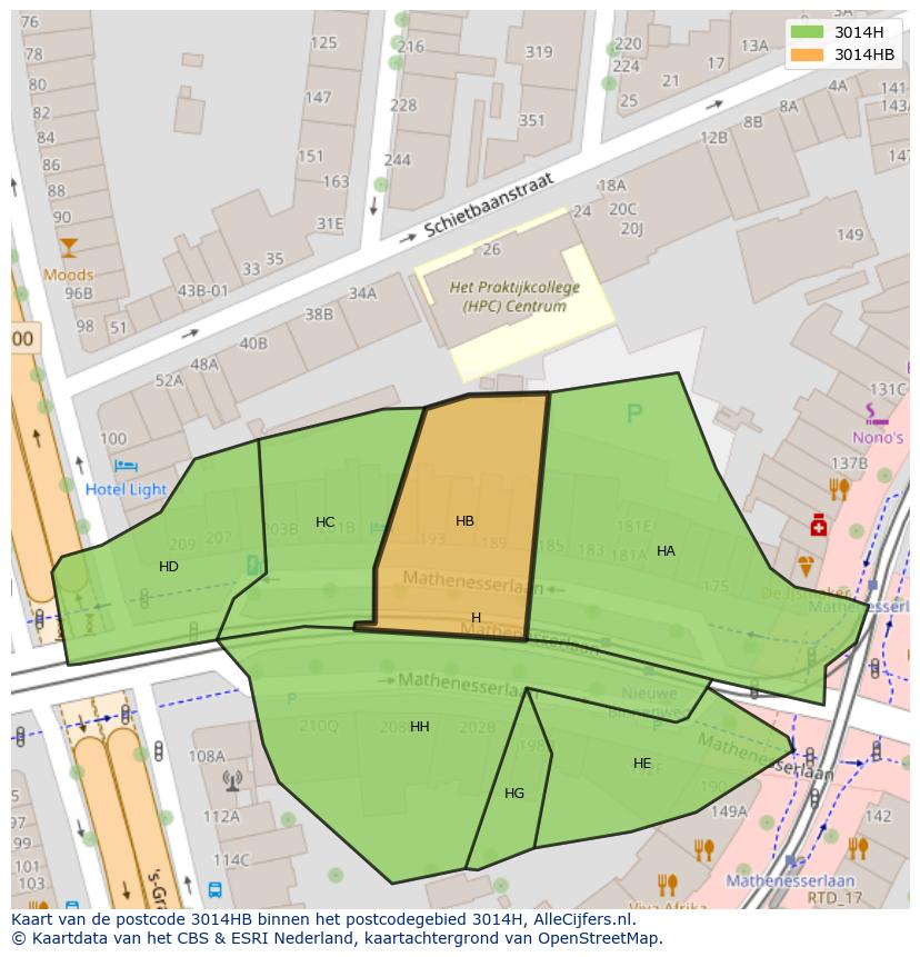 Afbeelding van het postcodegebied 3014 HB op de kaart.