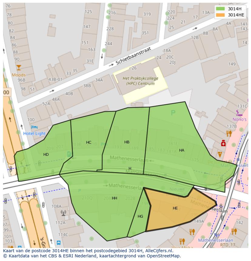 Afbeelding van het postcodegebied 3014 HE op de kaart.
