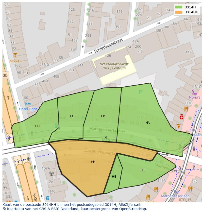 Afbeelding van het postcodegebied 3014 HH op de kaart.