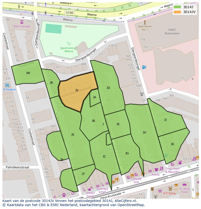 Afbeelding van het postcodegebied 3014 JV op de kaart.