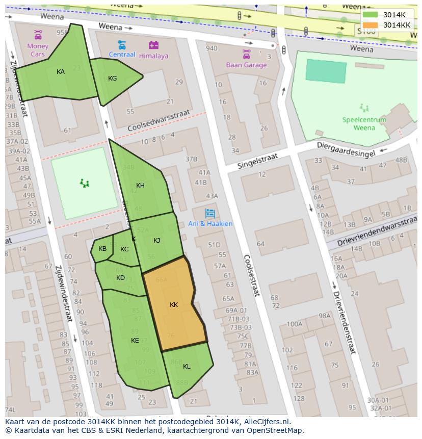 Afbeelding van het postcodegebied 3014 KK op de kaart.