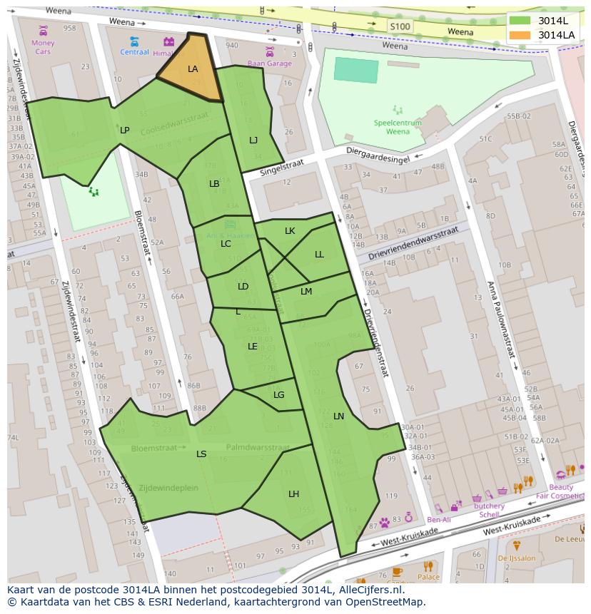 Afbeelding van het postcodegebied 3014 LA op de kaart.
