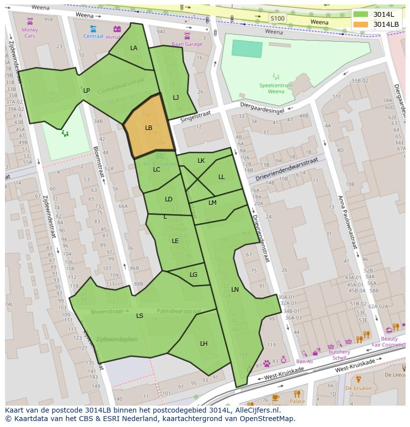 Afbeelding van het postcodegebied 3014 LB op de kaart.