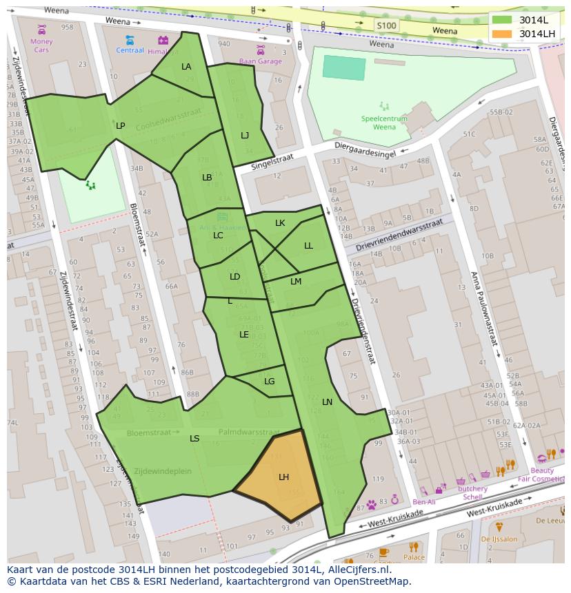 Afbeelding van het postcodegebied 3014 LH op de kaart.