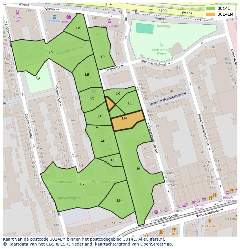 Afbeelding van het postcodegebied 3014 LM op de kaart.