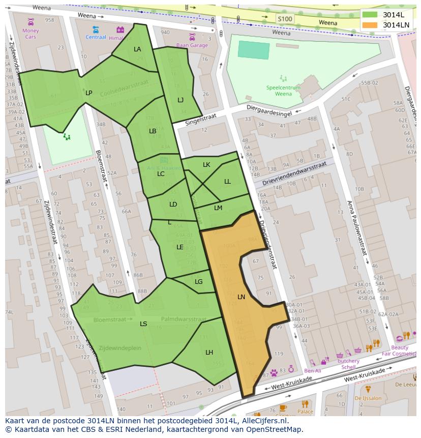Afbeelding van het postcodegebied 3014 LN op de kaart.