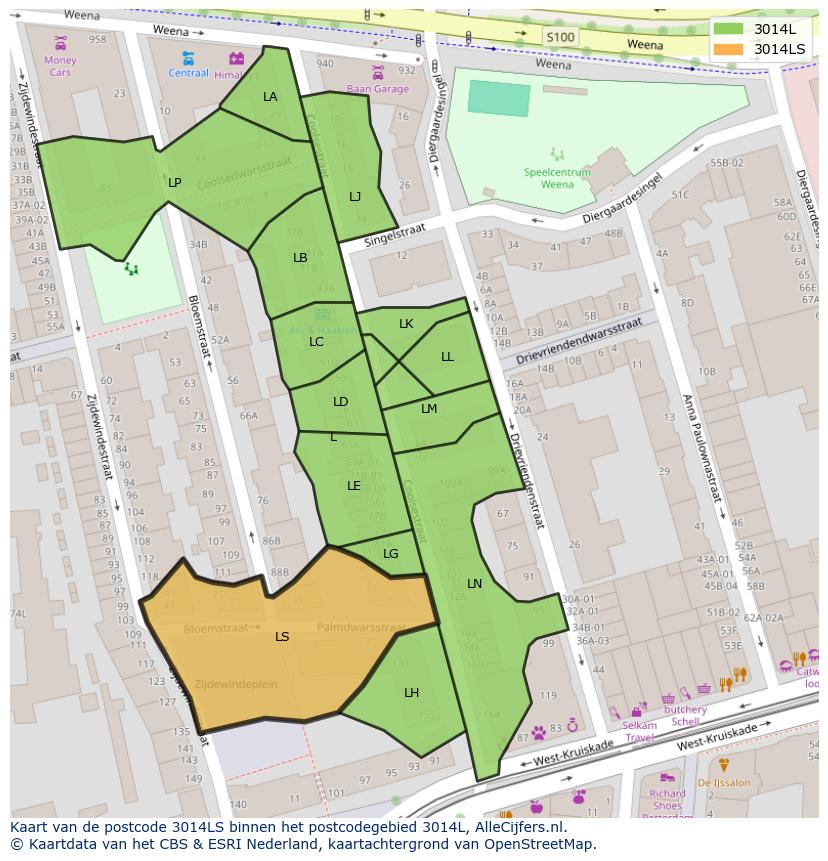 Afbeelding van het postcodegebied 3014 LS op de kaart.