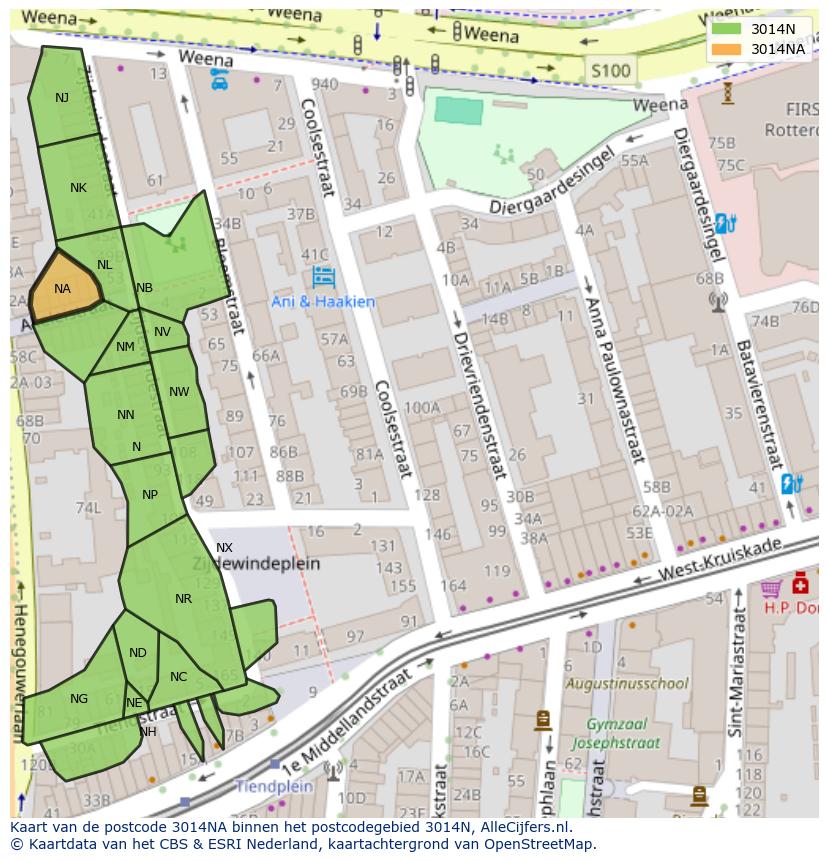 Afbeelding van het postcodegebied 3014 NA op de kaart.