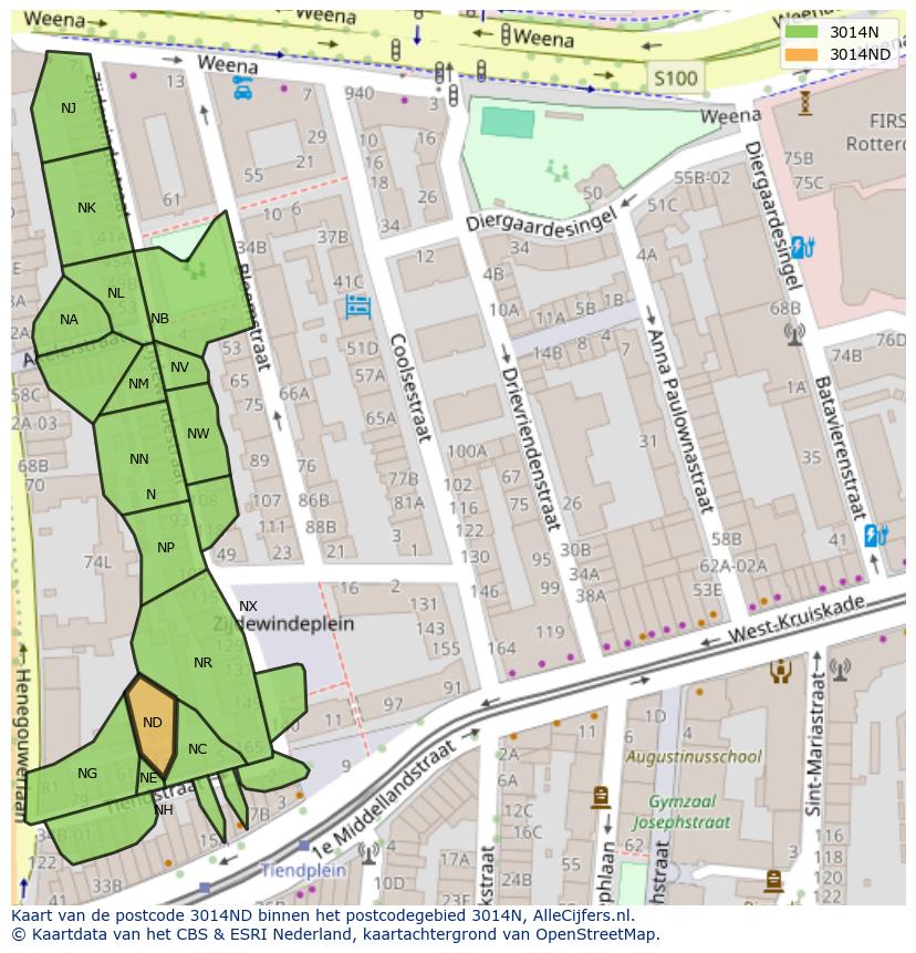 Afbeelding van het postcodegebied 3014 ND op de kaart.
