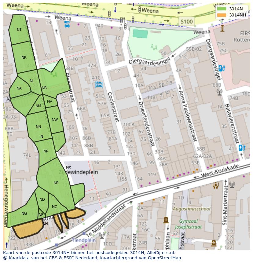 Afbeelding van het postcodegebied 3014 NH op de kaart.