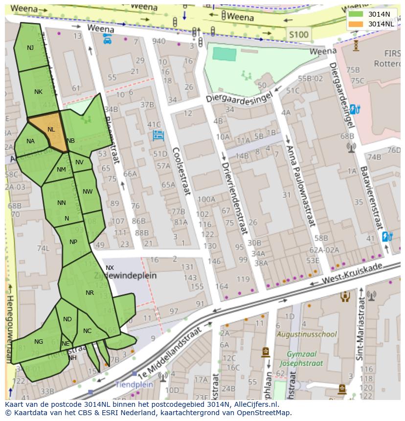 Afbeelding van het postcodegebied 3014 NL op de kaart.